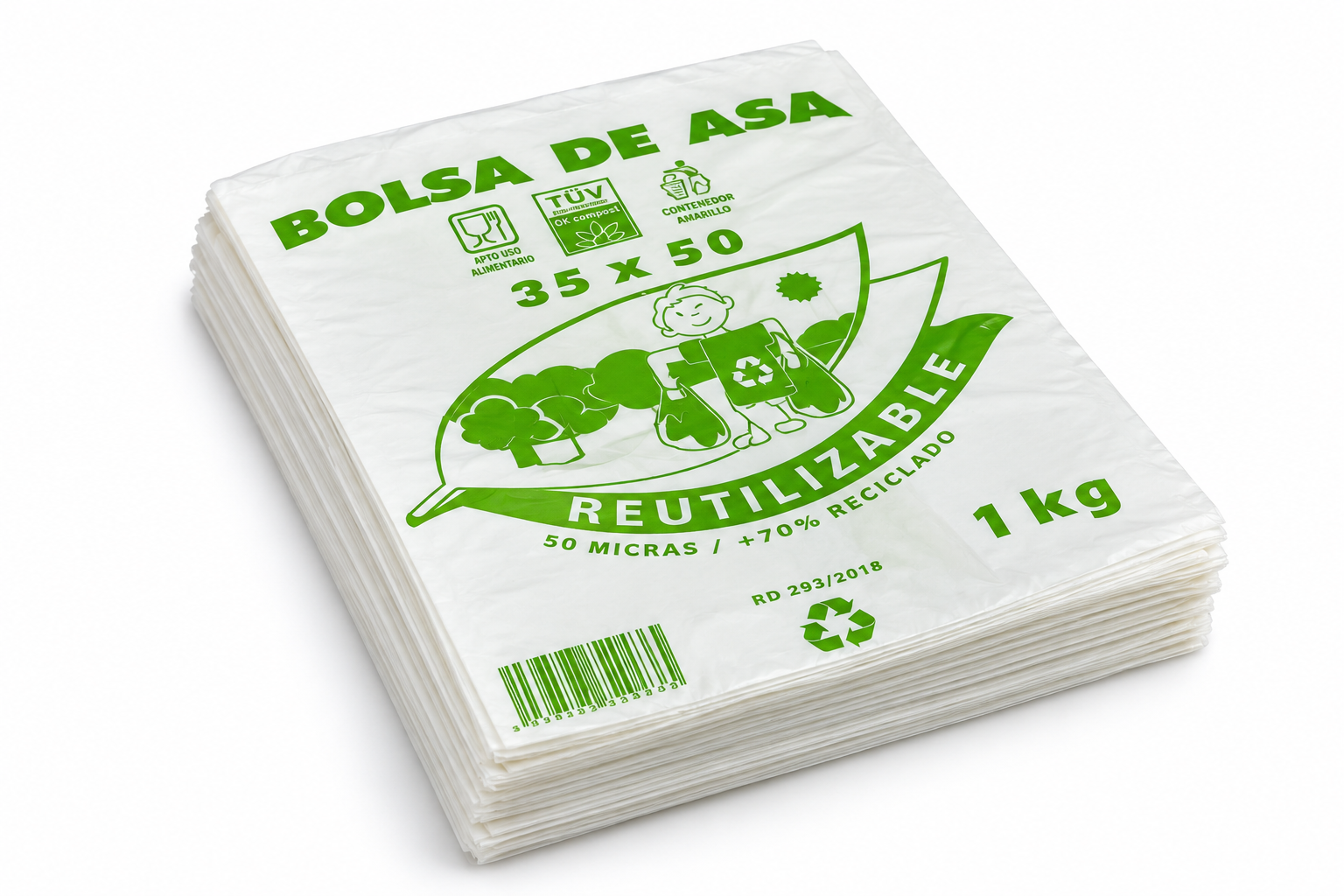 Bolsas con asa, 70% reciclado, 35 × 50 cm – Paquete de 1 kg, RepoClean
