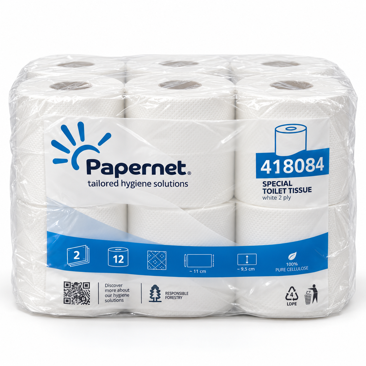 Papel higiénico doméstico de 2 capas – Paquete de 12 rollos · 16 m por rollo, RepoClean